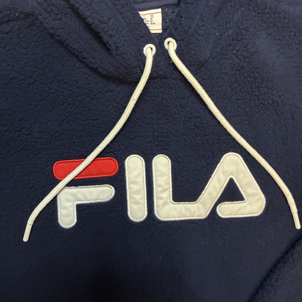 FILA Fleece Pullover Hoodie Navy Blue Cotton Spell Out Womens Size M - Picture 2 of 6